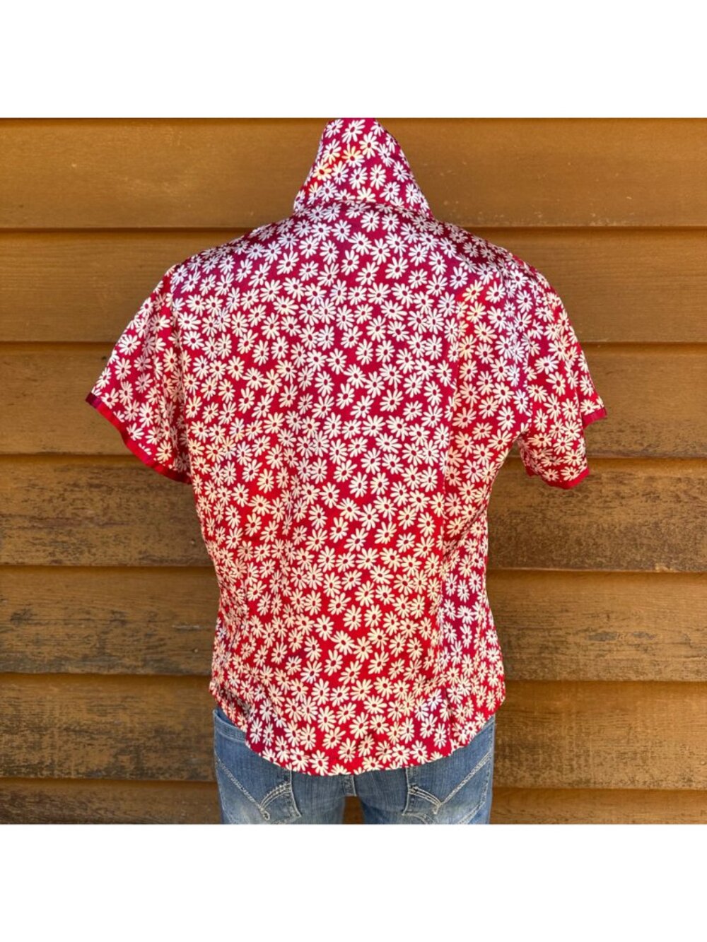 Vintage E-Sleep Red & White Daisy Print Button-Up Pajama Top 90s Medium - Picture 3 of 10